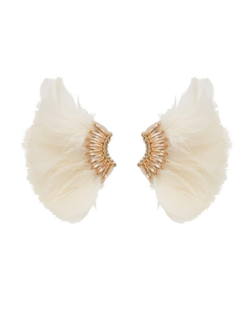 Front of a size one-size-fits-all Lux Mini Madeline Feather Earrings- White in WHITE by Mignonne Gavigan. | dia_product_style_image_id:320159
